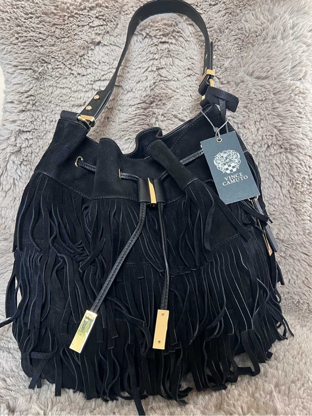 Vince Camuto Black Suede Fringe Bag with gold accents
